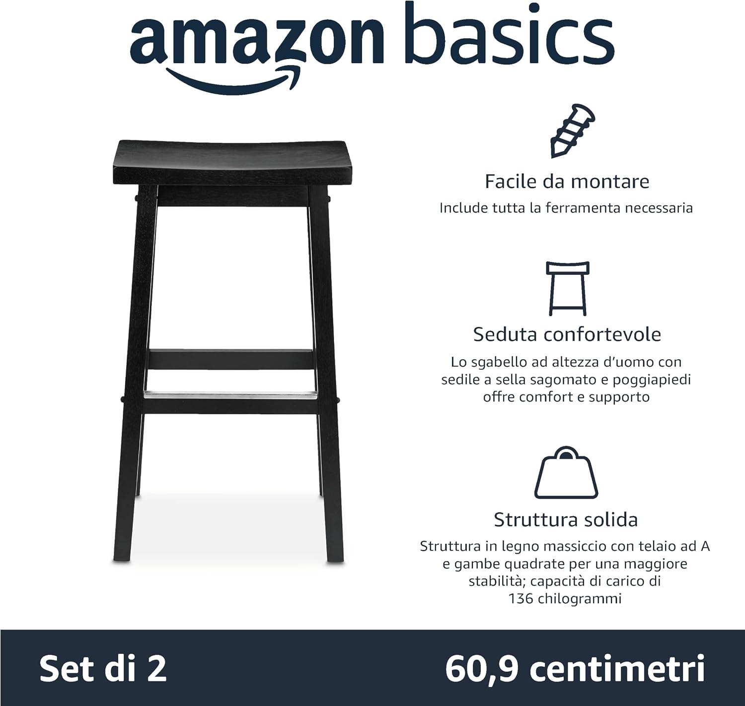 Detalle de Amazon Basics Set di 2 sgabelli da bancone in legno massello, alto 74 cm, montaggio semplice