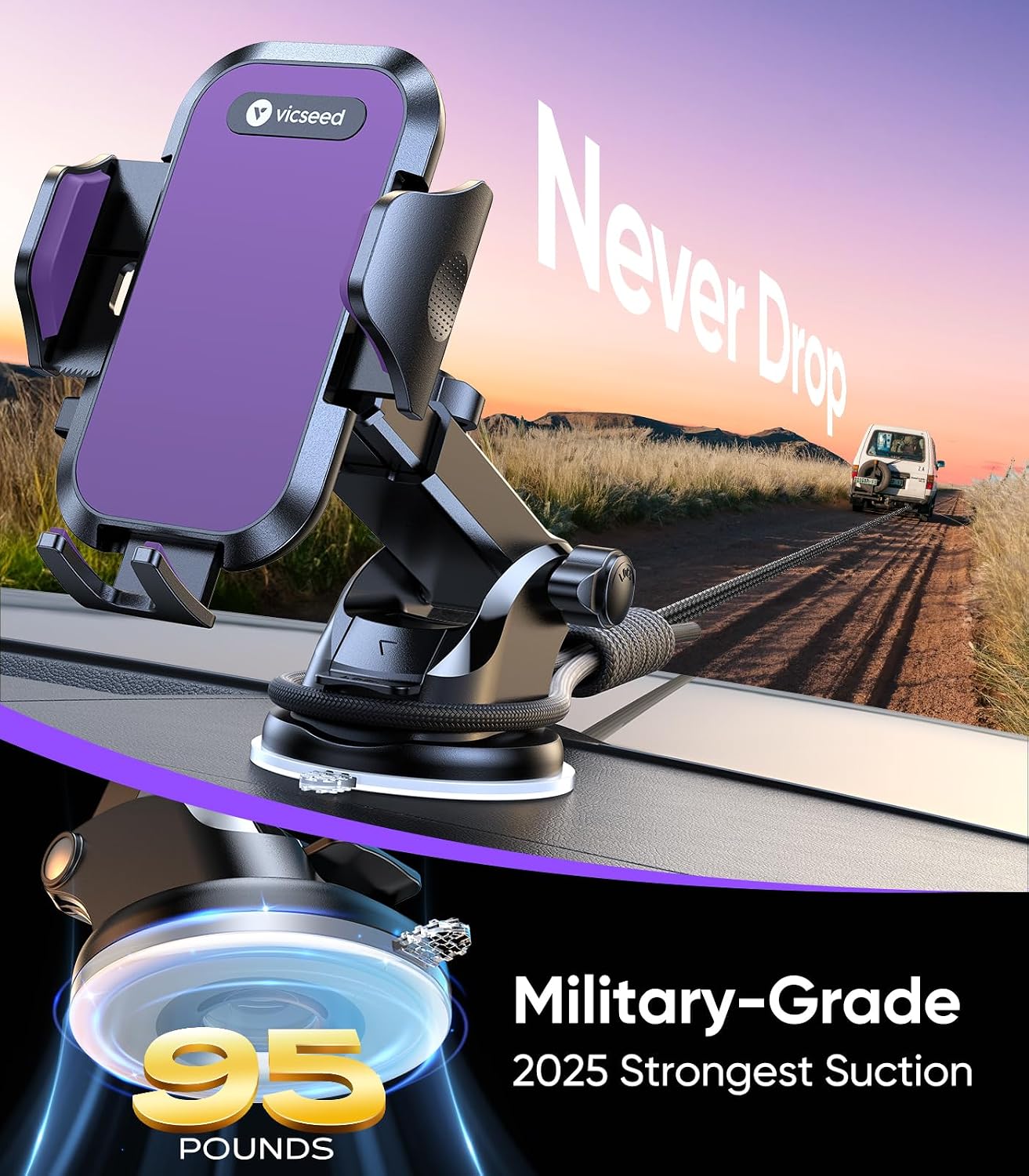 Thumbnail 2 de VICSEED Purple Phone Holder for Your Car — Upgraded True Military-Grade Strongest Suction, 360° Pivot