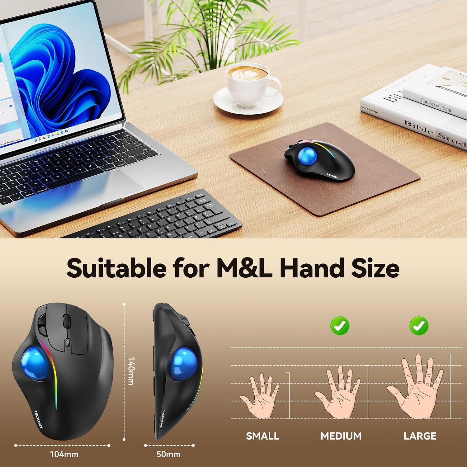 Thumbnail 6 de TECKNET TK-MS023 Wireless Trackball Mouse with USB-C and 3-Device Connectivity
