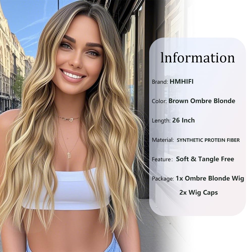 Detalle 2 de HMHIFI 26-Inch Blonde Wig, Long Wavy Curls and Middle Part