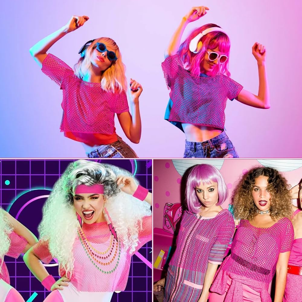 Detalle de mizikuu Neon-80er Damen-Outfit-Set mit Netzshirt, Brille und bunten Accessoires