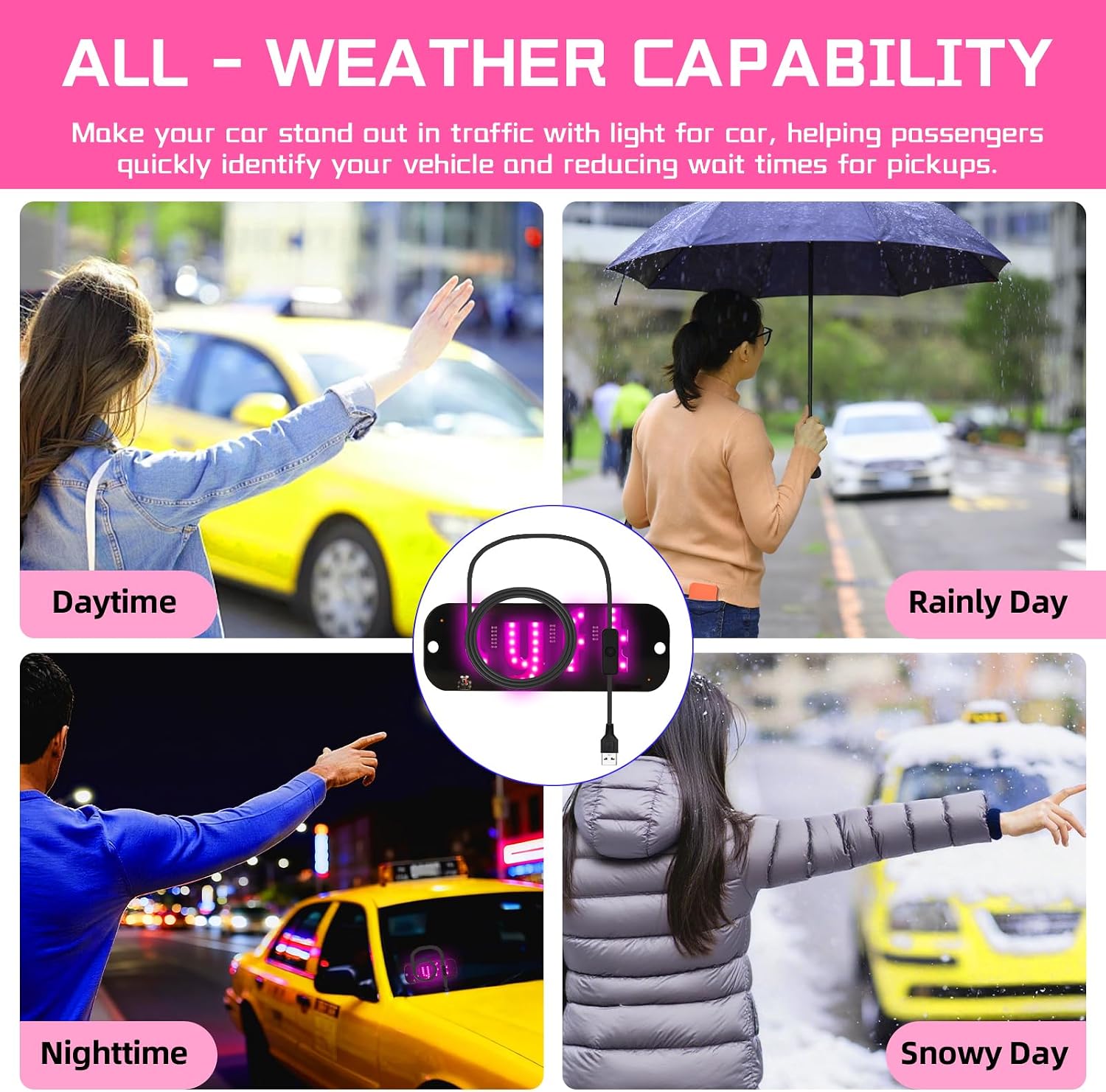 Thumbnail 3 de LED Light for Car Windshield Sign (Pink) with Suction Cups, Hook-and-Loop Cable Ties and USB Plug