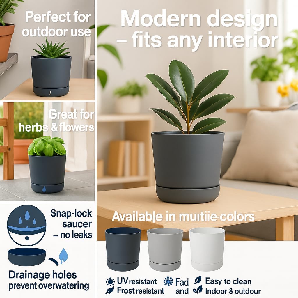 Thumbnail 3 de Home Garden Ornaments Plant Pots Indoor, Plastic Outdoor Planter with Drainage & Saucer (13 cm / 5.1 inch) – White