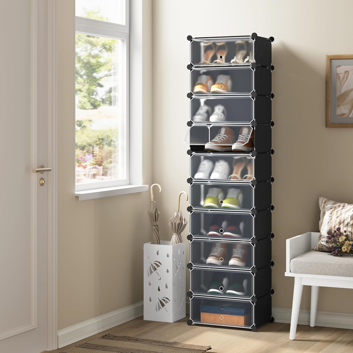 Detalle de WOLTU SR0052sz – czarny regał na buty z drzwiami, 10 przegródek