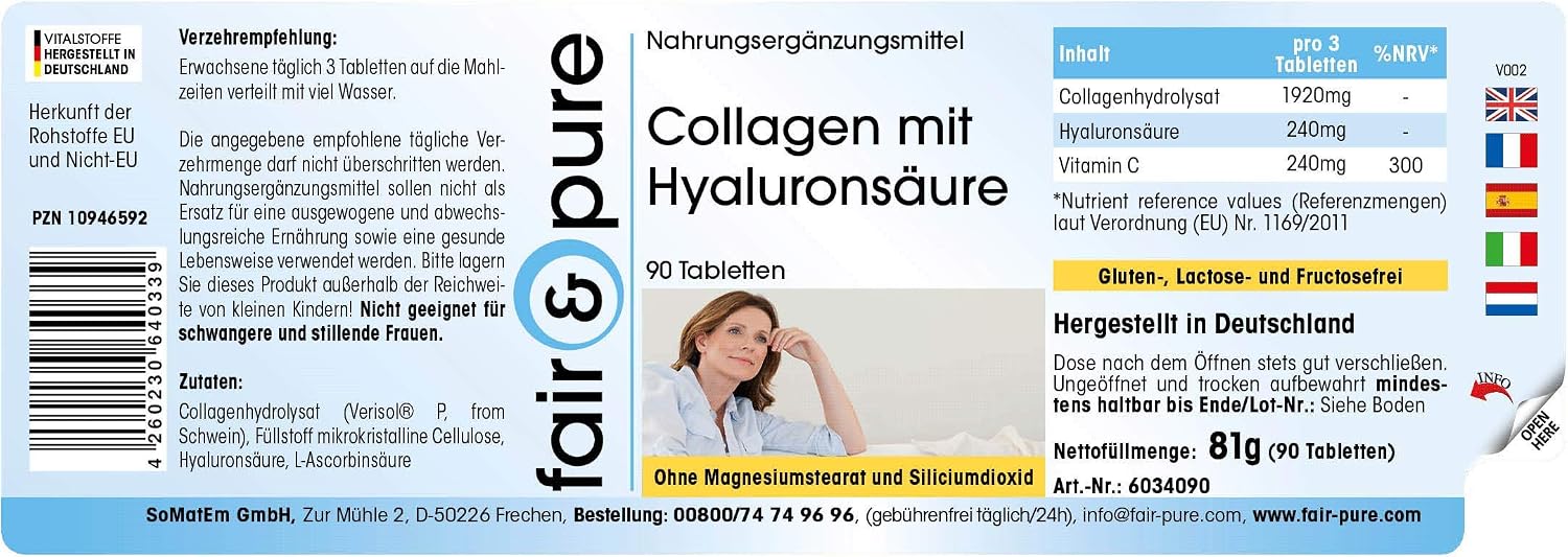 Detalle de Fair & Pure Collagen 640 mg mit Hyaluronsäure und Vitamin C – 90 Tabletten, deutsche Herstellung