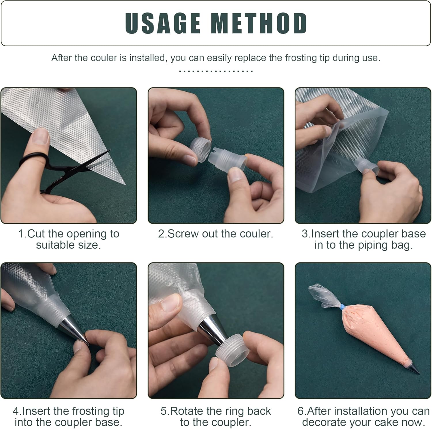 Detalle de Piping Bags and Tips Set (100 Disposable 12-Inch Pastry Bags, 16 Stainless Steel Tips, 2 Couplers) with Scrapers & Bag Ties