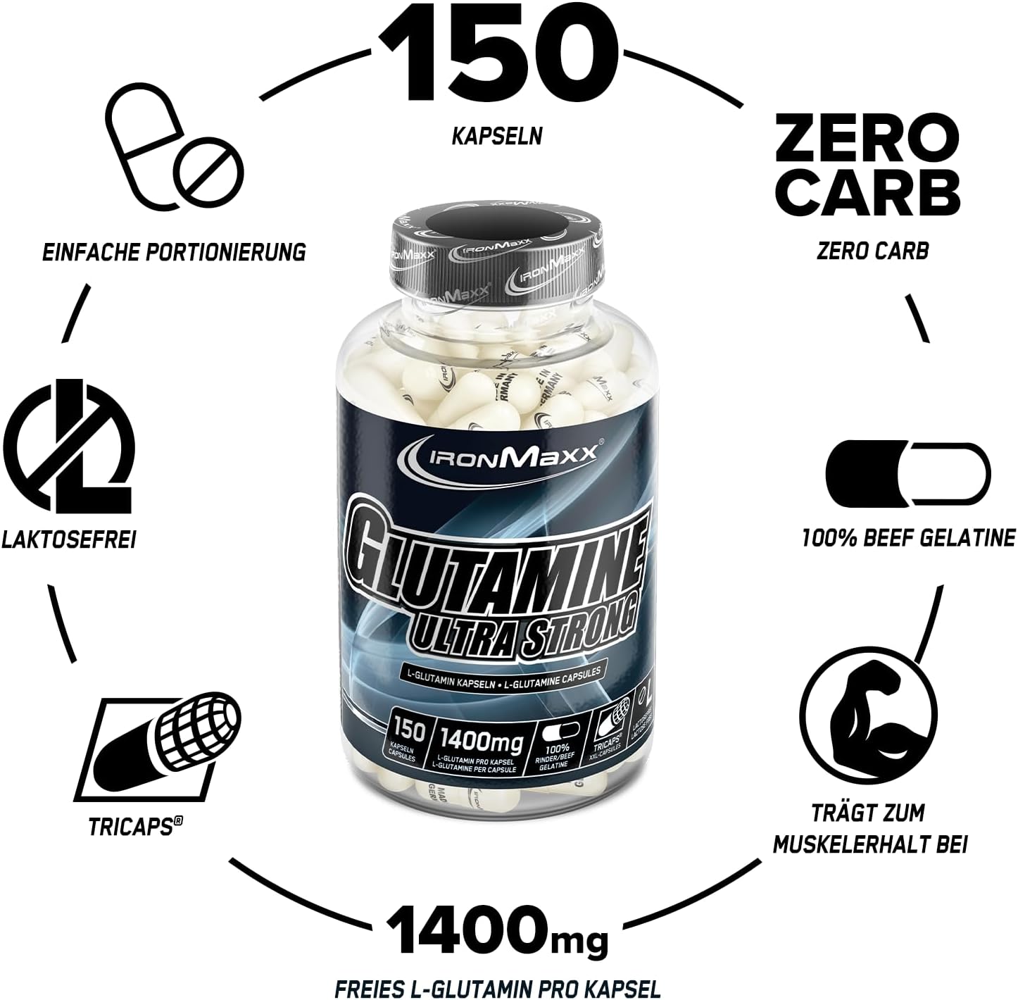 Detalle 2 de IronMaxx Glutamin Ultra Strong L-Glutamin – 150 Tricaps