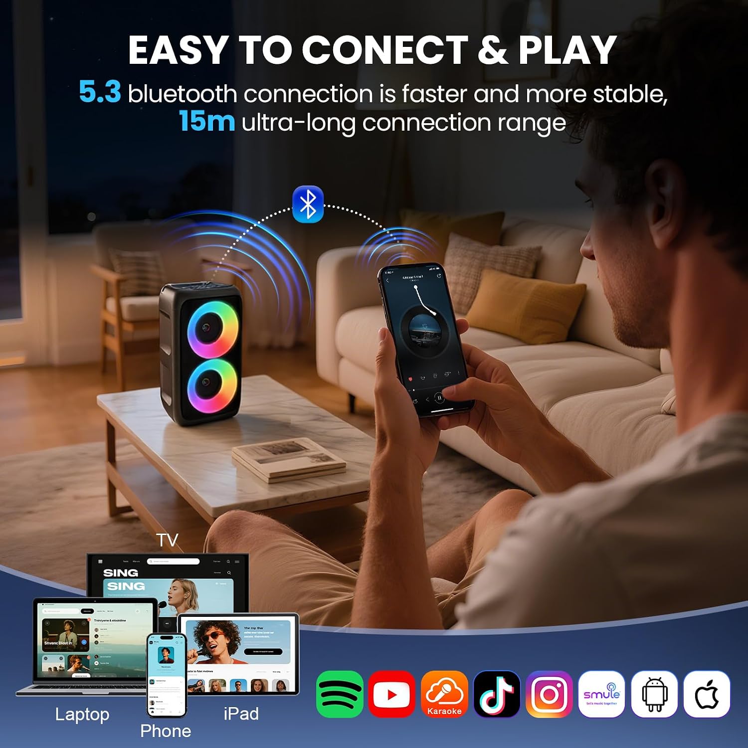 Detalle de Karaoke Machine: Portable Bluetooth Speaker with 3 Wireless Microphones