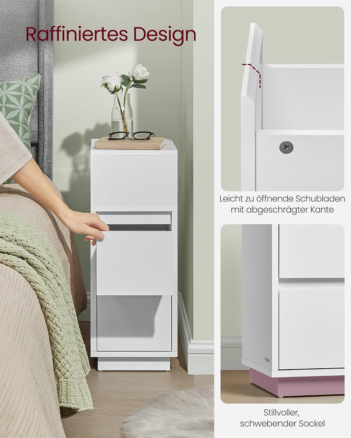Thumbnail 5 de VASAGLE Nachtischschrank schmal mit 2 Schubladen, flexibles offenes Fach links/rechts – wolkenweiß LET656W01
