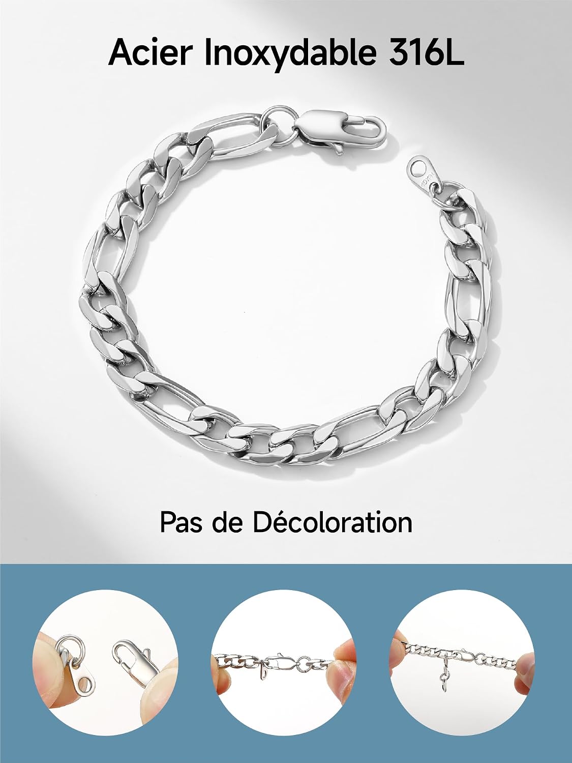 Thumbnail 4 de PROSTEEL Gourmette homme chaîne Figaro en acier inoxydable (316L) / plaqué or ou noir, bracelet 19/21/23 cm