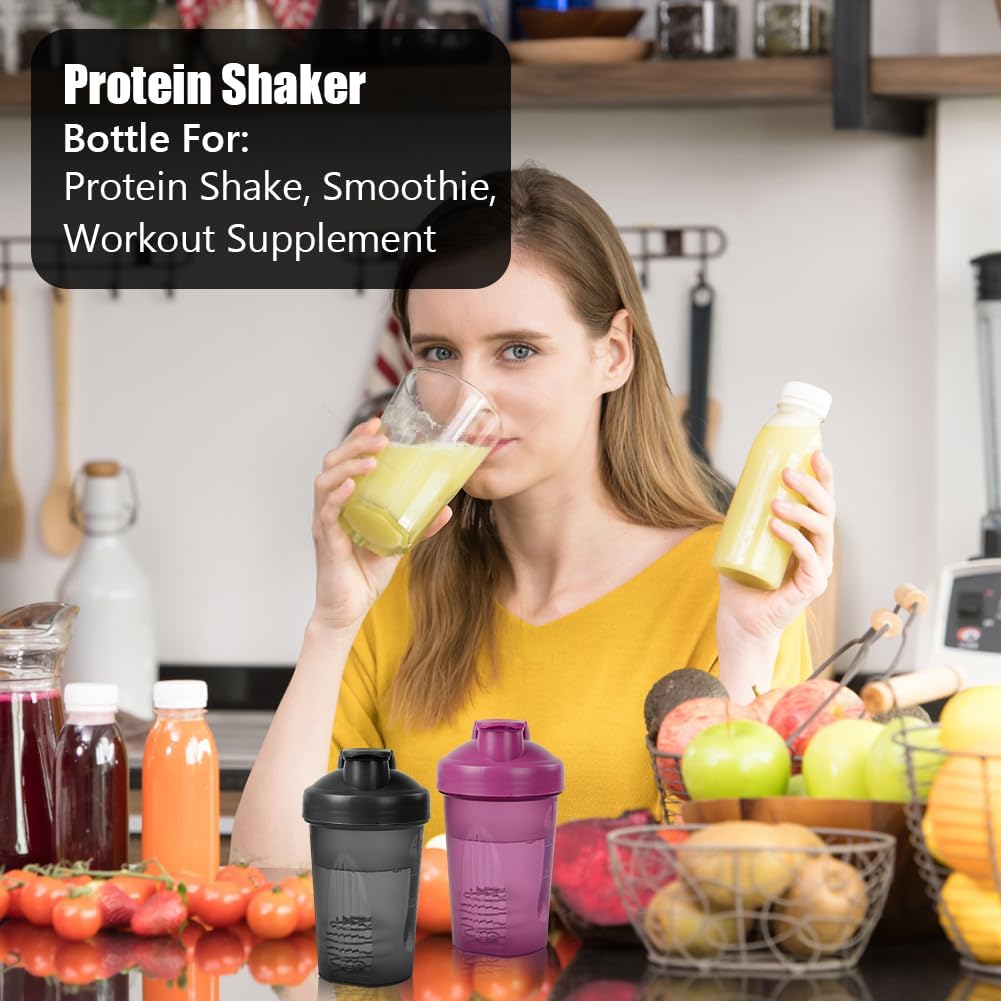 Thumbnail 5 de AOGOE Protein Shaker Bottle with Stainless Steel Mixing Ball (400ml, 2 pack) – leak proof flip lid, BPA free – Black + Purple