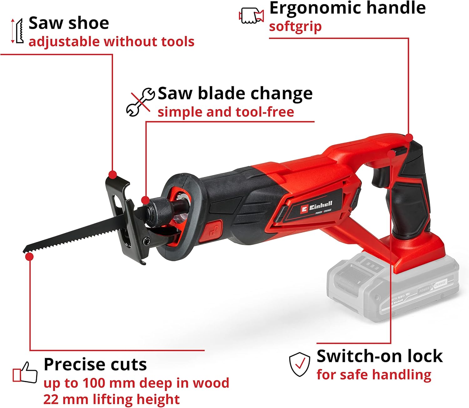 Detalle de Einhell Cordless Reciprocating Saw 18V TE-AP 18/22 Li Solo (Power X-Change) – 22mm Stroke