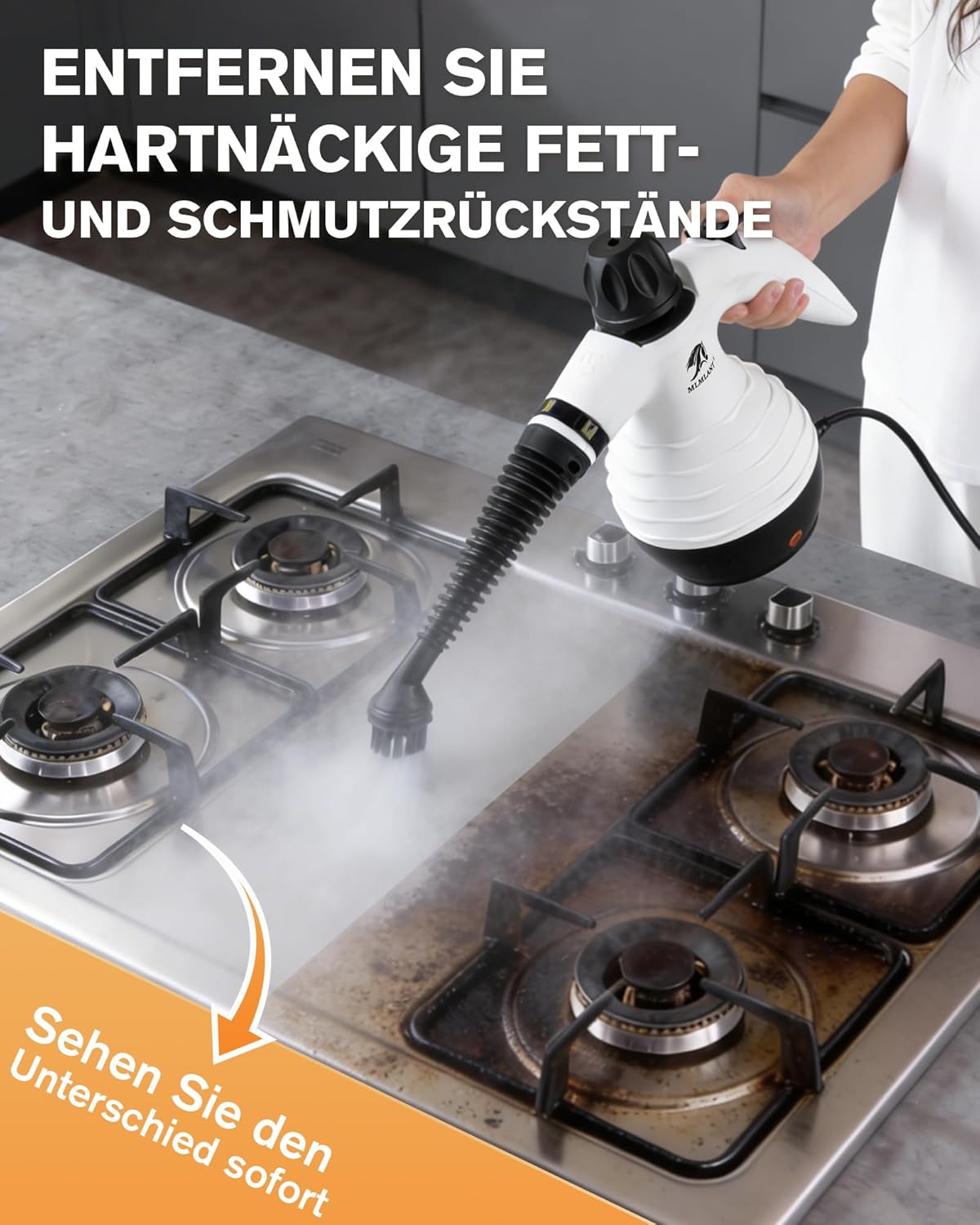 Detalle de MLMLANT Dampfreiniger – tragbar, 1050 W, 350 ml Fassungsvermögen, 10-teiliges Zubehörset