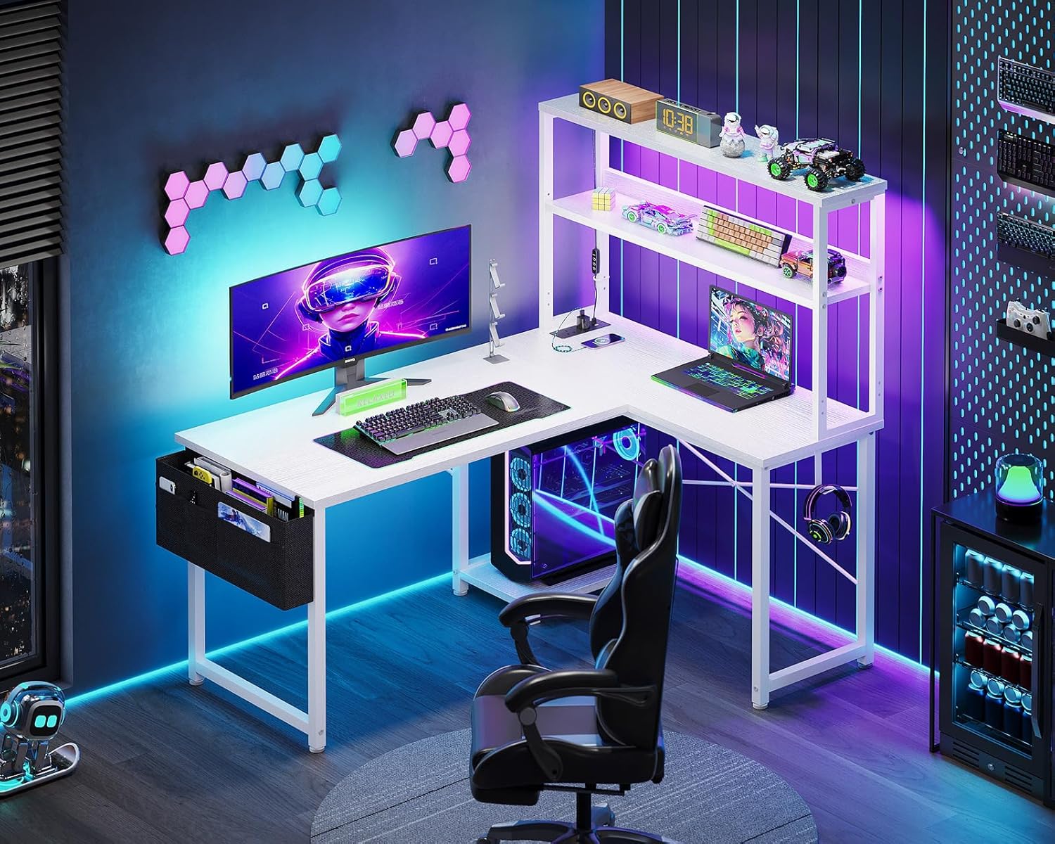 Thumbnail 1 de Coleshome L-shaped gaming desk with LED lights, power outlet & reversible corner layout (110 × 80 cm) – White