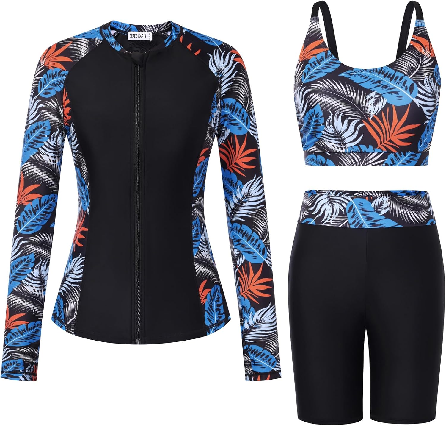 Thumbnail 6 de GRACE KARIN Rashguard Maillot de Bain 3 pièces à Manches Longues pour Femme avec Fermeture éclair – Ensemble Tankini élégant