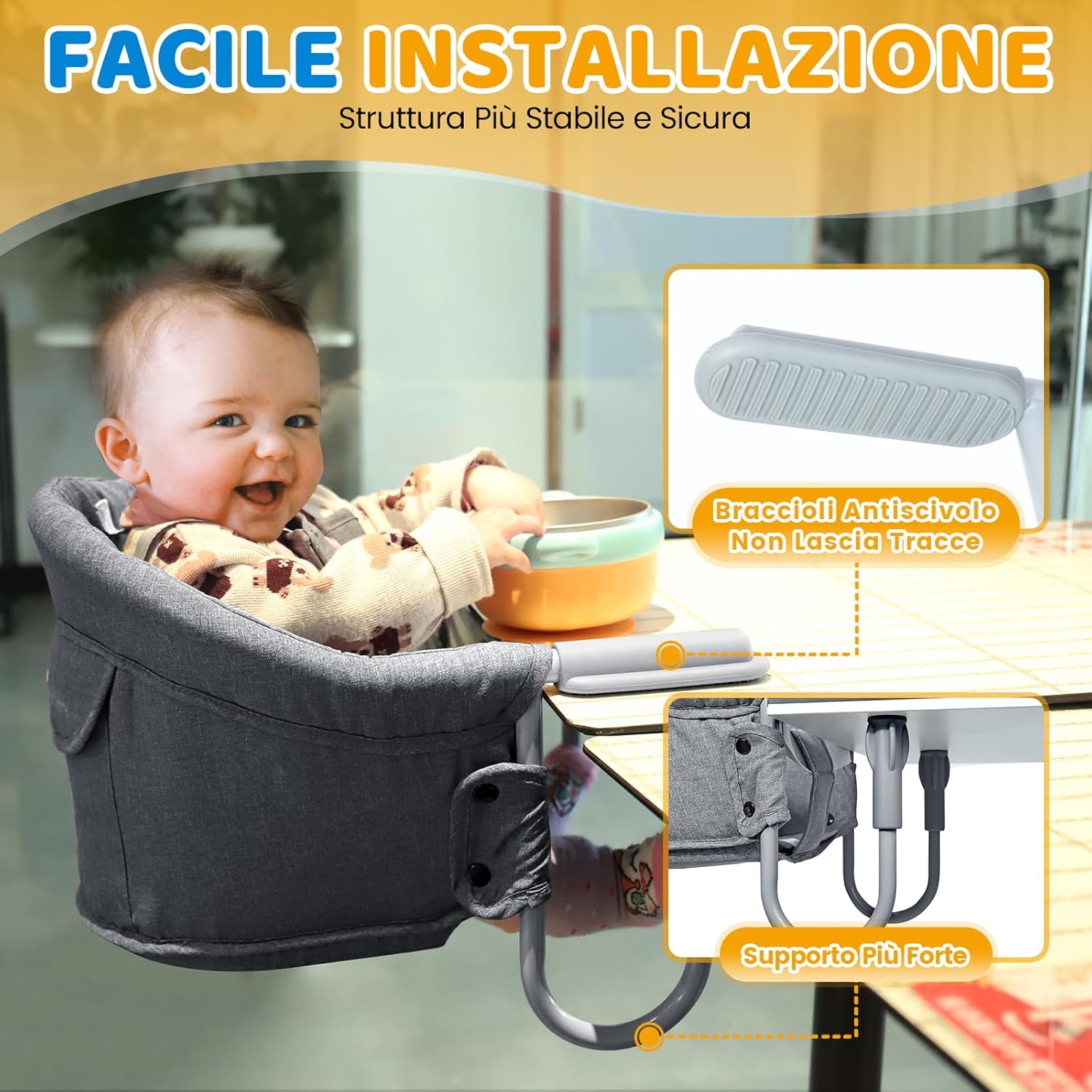 Thumbnail 1 de Orzbow seggiolino da tavolo per bambini con imbracatura a 5 punti, tappetini imbottiti e borsa grigia