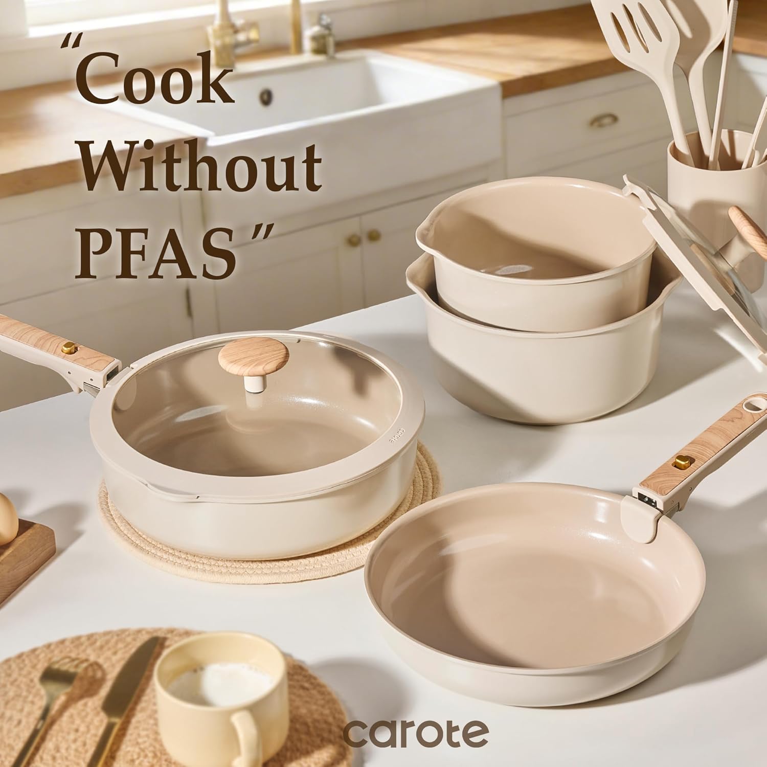 Detalle de CAROTE Nonstick Pots and Pans Set with Detachable Handle — 19-Pc Induction Ready Cookware for Small Spaces