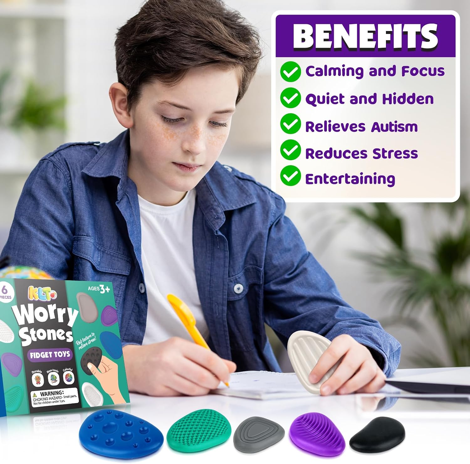 Detalle de KLT Fidget Toys Adults Sensory Stone 6-Pack: Textured Worry Stones for Calming Down