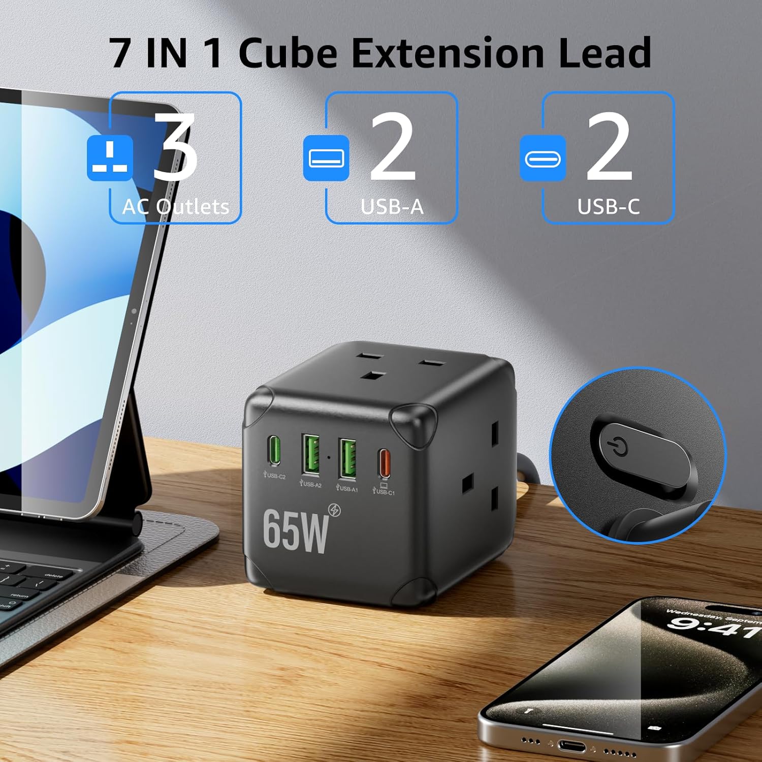 Thumbnail 1 de Cube Extension Lead with USB C Slots (PD65W), 3 Way UK Plug, 3m Cable, 2 USB‑A & 2 USB‑C Ports