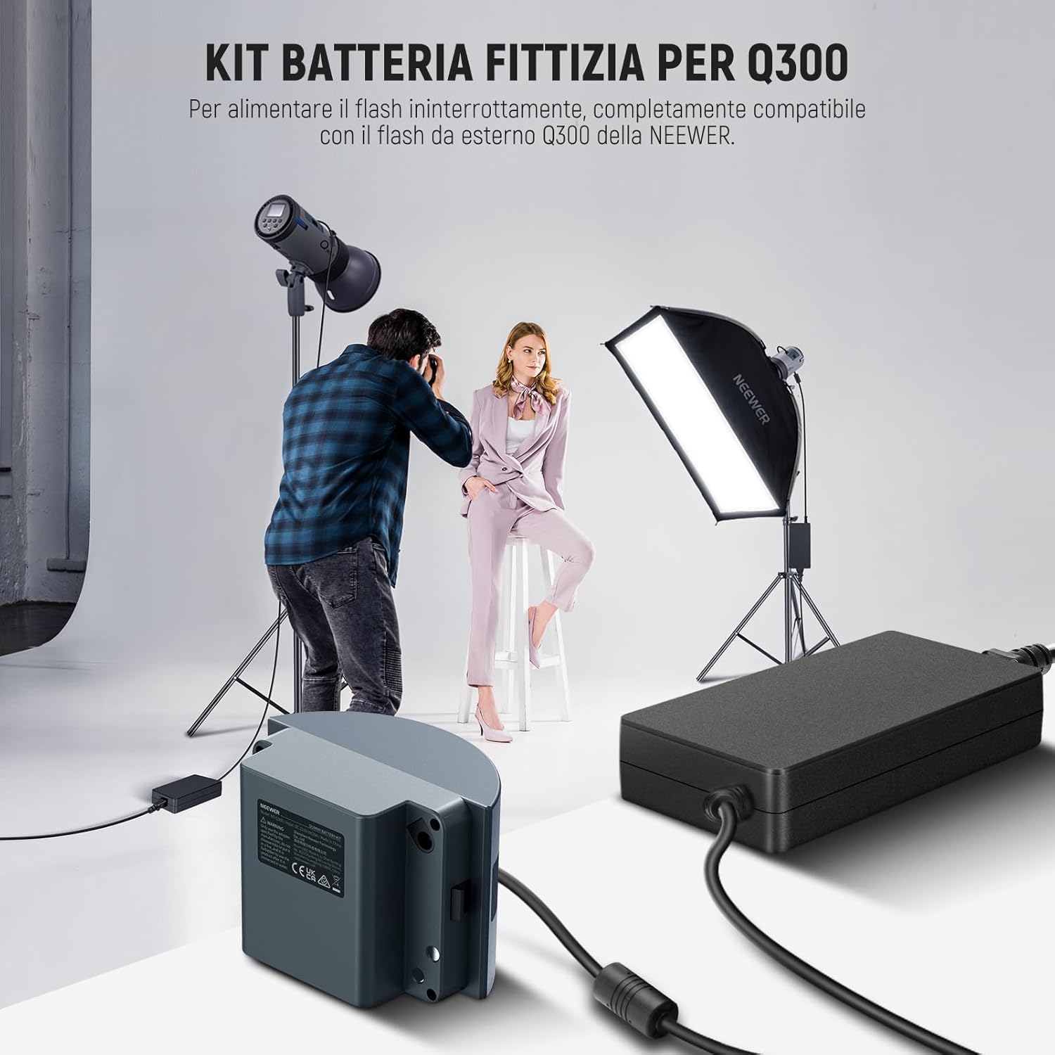 Thumbnail 3 de NEEWER Kit batteria fittizia per flash stroboscopico Q300 (con alimentatore AC, spina EU) NT-Q300