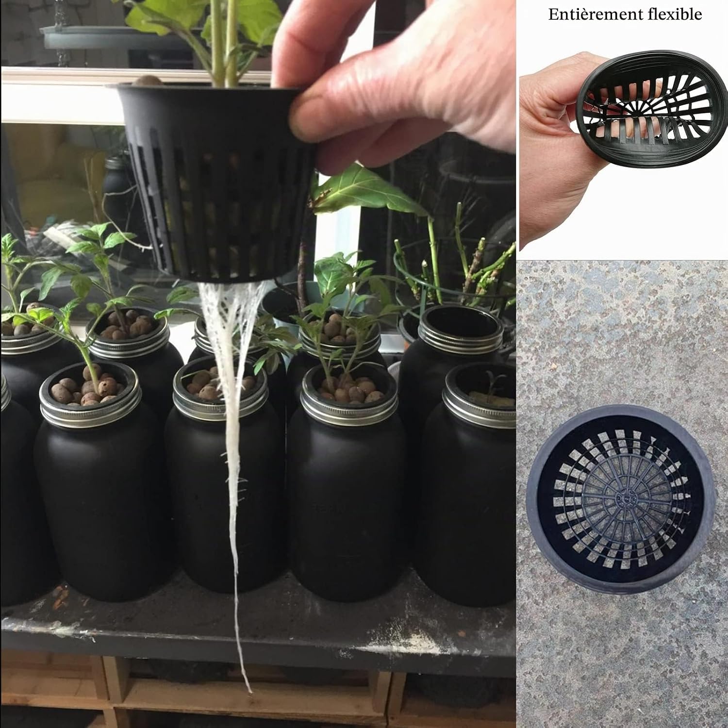 Detalle de behone plantenmanden voor hydrocultuur, 20 zwarte PP mesh potten