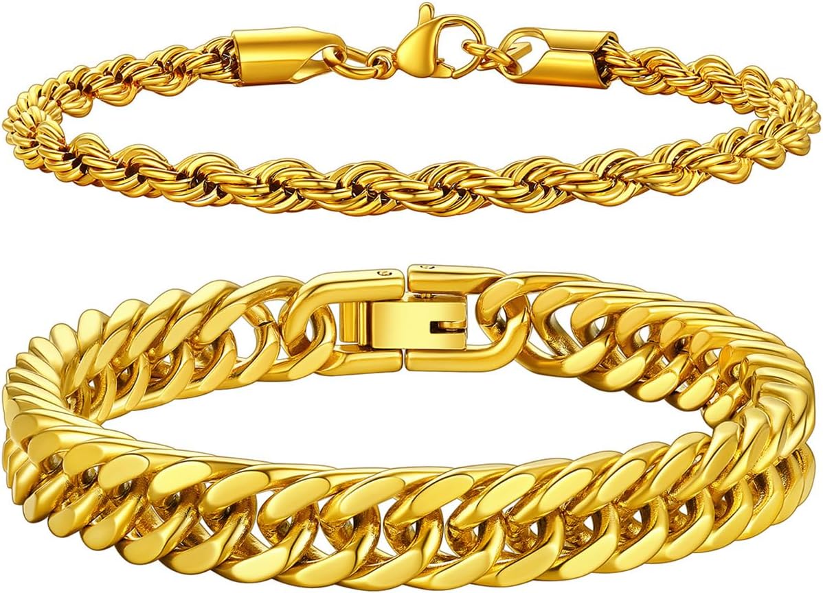 Detalle de Richsteel Herren Edelstahl Armband-Set (2/3-teilig), stapelbar in Schwarz/Stahl/Gold – 9/8/4 mm, Längen 19/21/23 cm