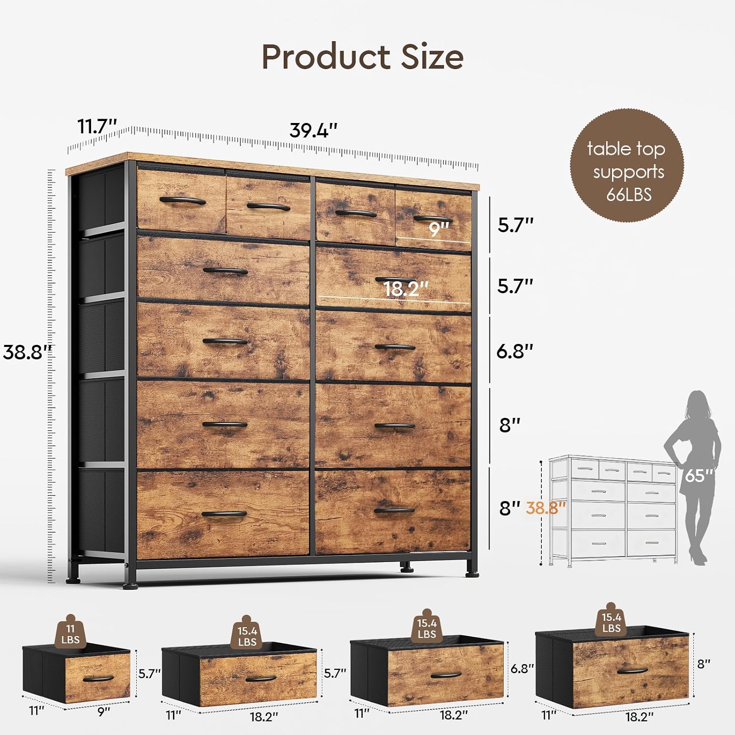 Detalle de YeTom 12-Drawer Dresser, Brown Fabric Bins, 100 cm Wide