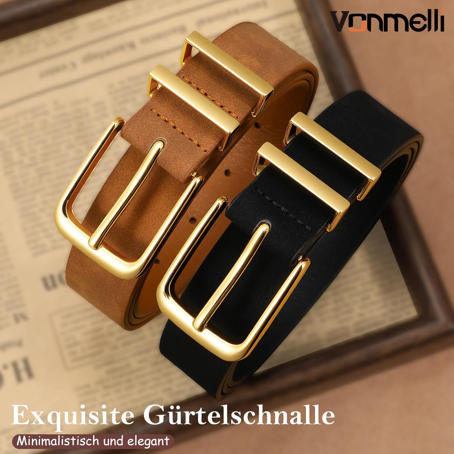 Thumbnail 4 de VONMELLI Damen Gürtel 2er-Set 2,5 cm – schmaler Ledergürtel mit Goldschnalle in Schwarz/Braun
