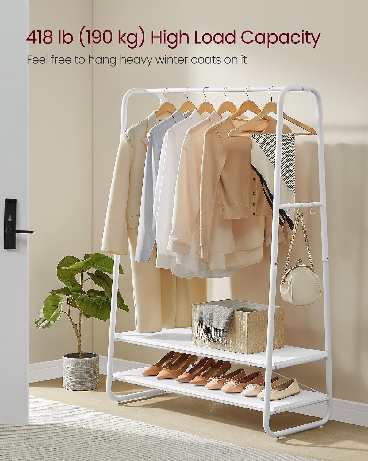 Detalle de VASAGLE COLTEN RGR112W02 Clothes Rail, 2 Shelves and 6 Hooks