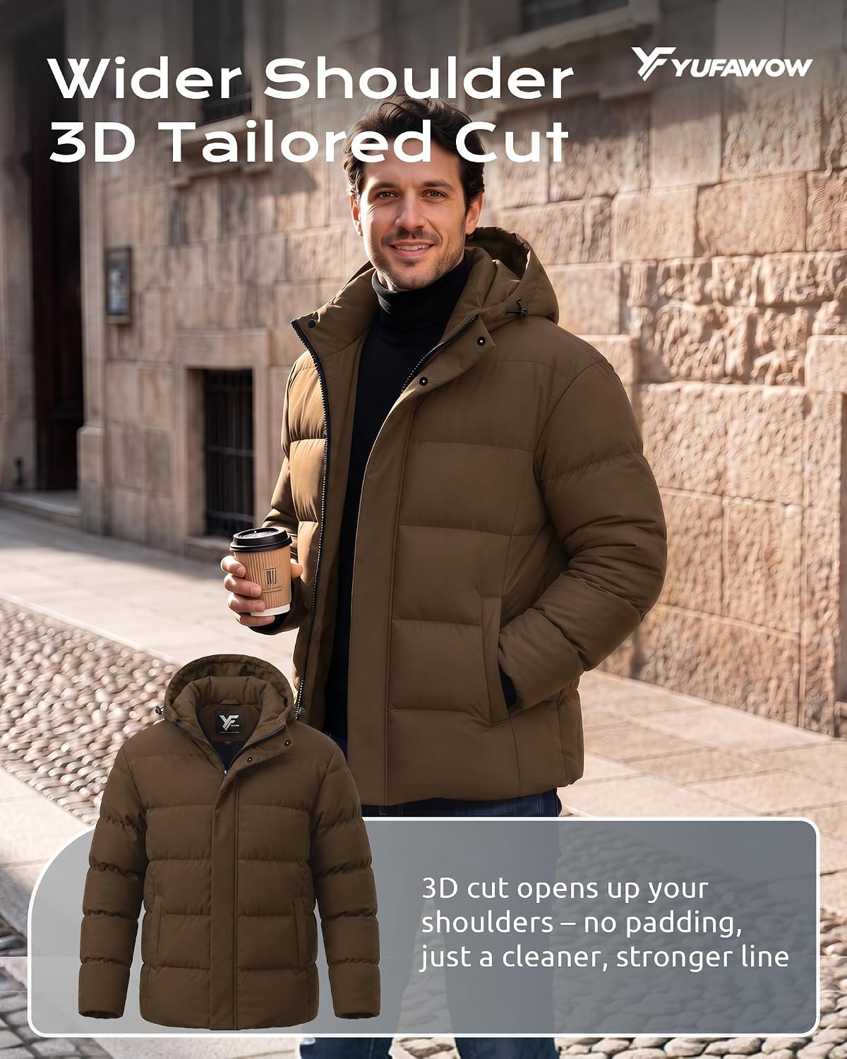 Detalle de Yufawow Men's Puffer Jacket with Cotton Fill, Fixed Hood and Three Pockets