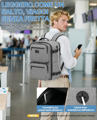 Detalle de LYNXCHER Zaino Ryanair 40x30x20 cm – 24L, Grigio, Scomparto Laptop 15,6'' con Apertura Rapida e Tasche Organizzate