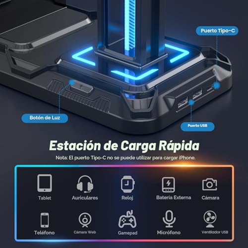 Detalle de KDD Soporte Auriculares Gaming y Mando con Puertos de Carga USB Tipo C