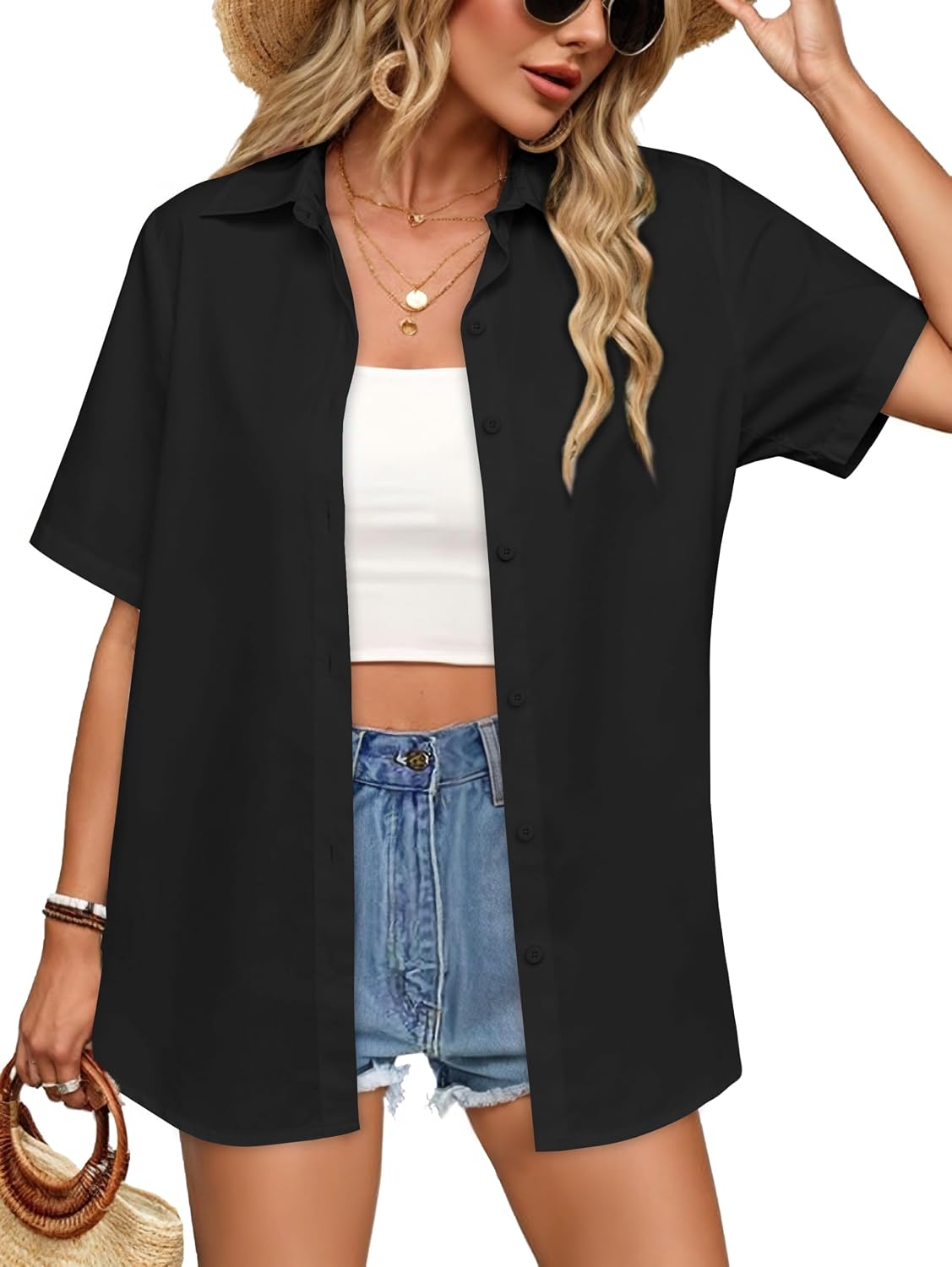 Detalle de CHICALLURE Women’s Hawaiian Button-Down Shirt, Short-Sleeve Floral V-Neck