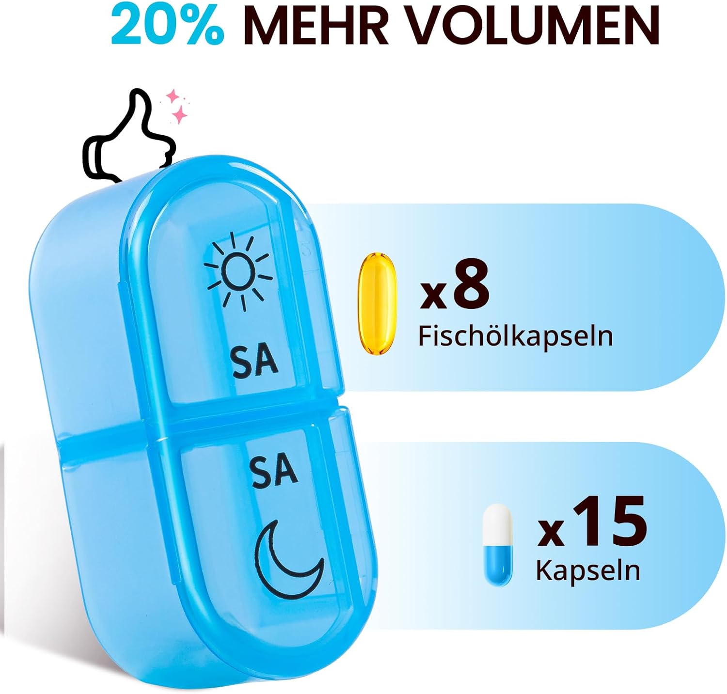 Detalle de Doruimi Tablettenbox 7 Tage – Morgens & Abends, BPA-frei, 2 Fächer pro Tag, kompakt und langlebig (Blau)