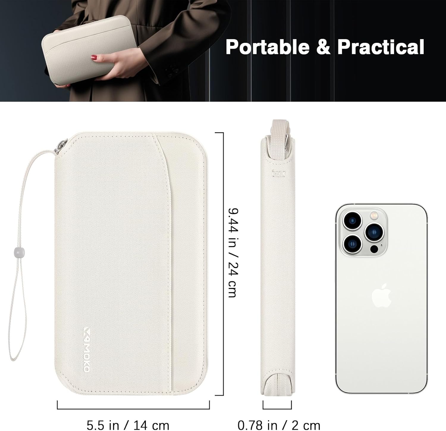 Thumbnail 5 de MoKo Family Passport Holder Travel Wallet (for 4/5 passports) with RFID blocking, wrist strap and storage for tickets, cards & cash – Beige