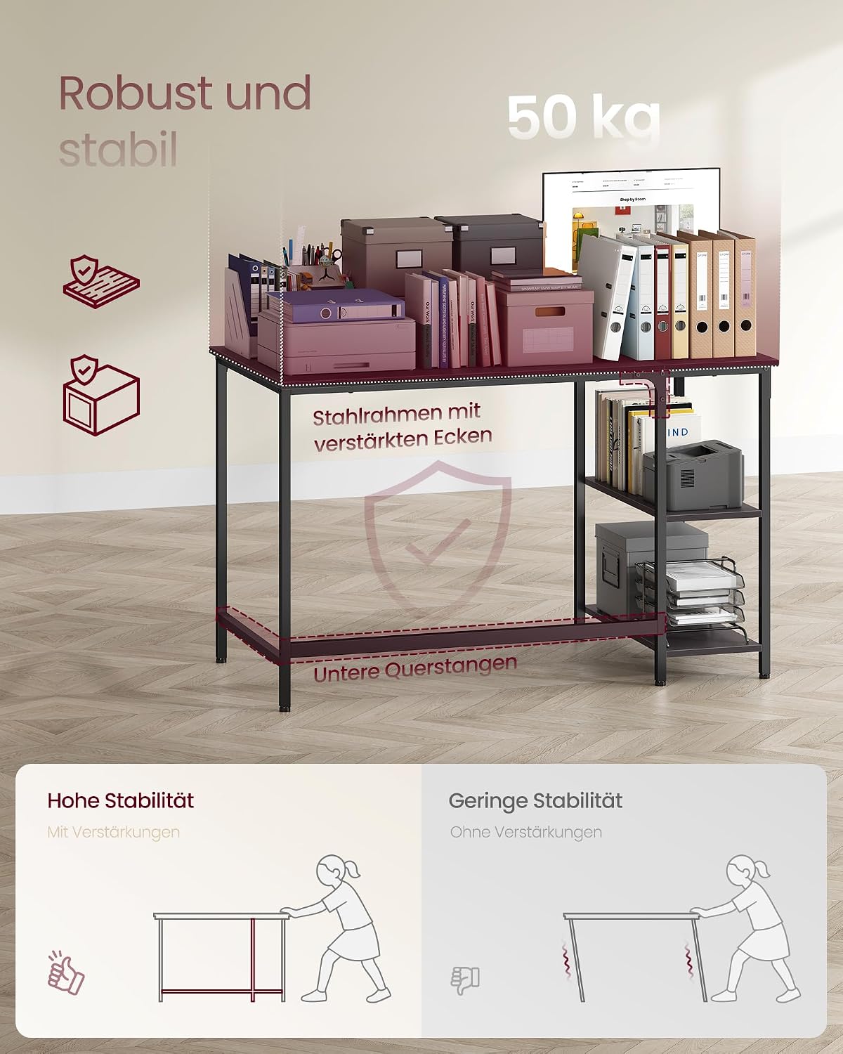 Detalle 2 de VASAGLE Schreibtisch PC-Tisch 120 x 60