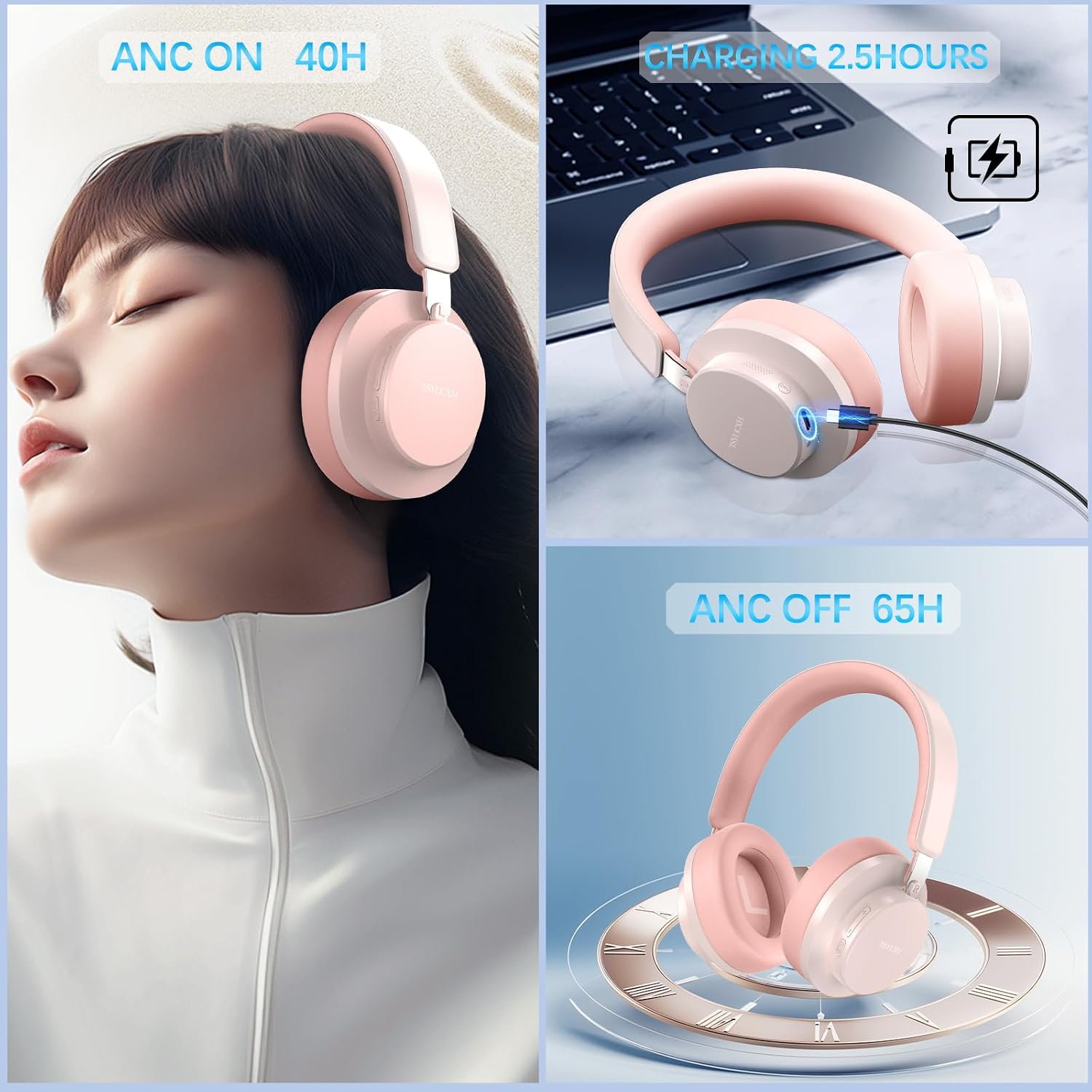 Detalle 2 de TSYUCXH Noise Cancelling Wireless Over-Ear Headphones (Pink) with Microphone