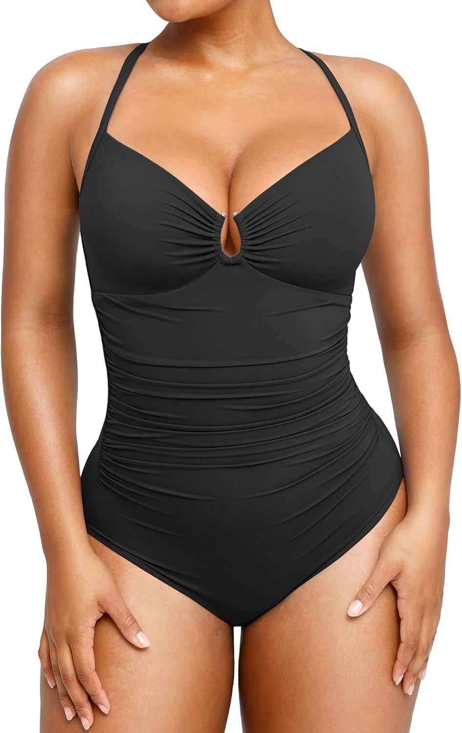 Detalle de SHAPELLX Womens Swimsuits: Tummy Control One-Piece with Ruched Waist and U-Ring