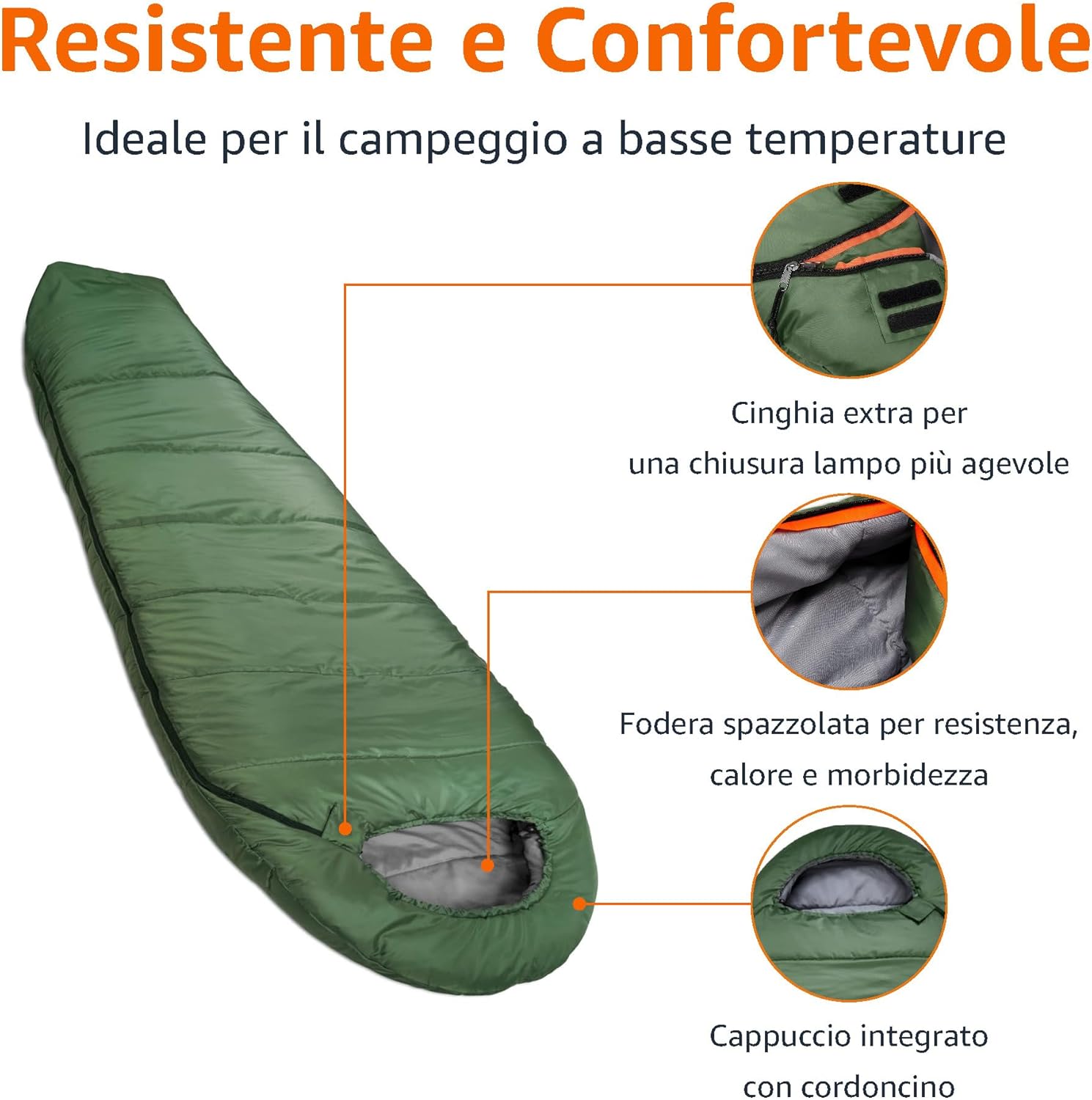 Detalle de Amazon Basics Sacco a Pelo per Campeggio ed Escursioni a Clima Freddo - Mummia, Verde Oliva, 83.8 x 208 cm