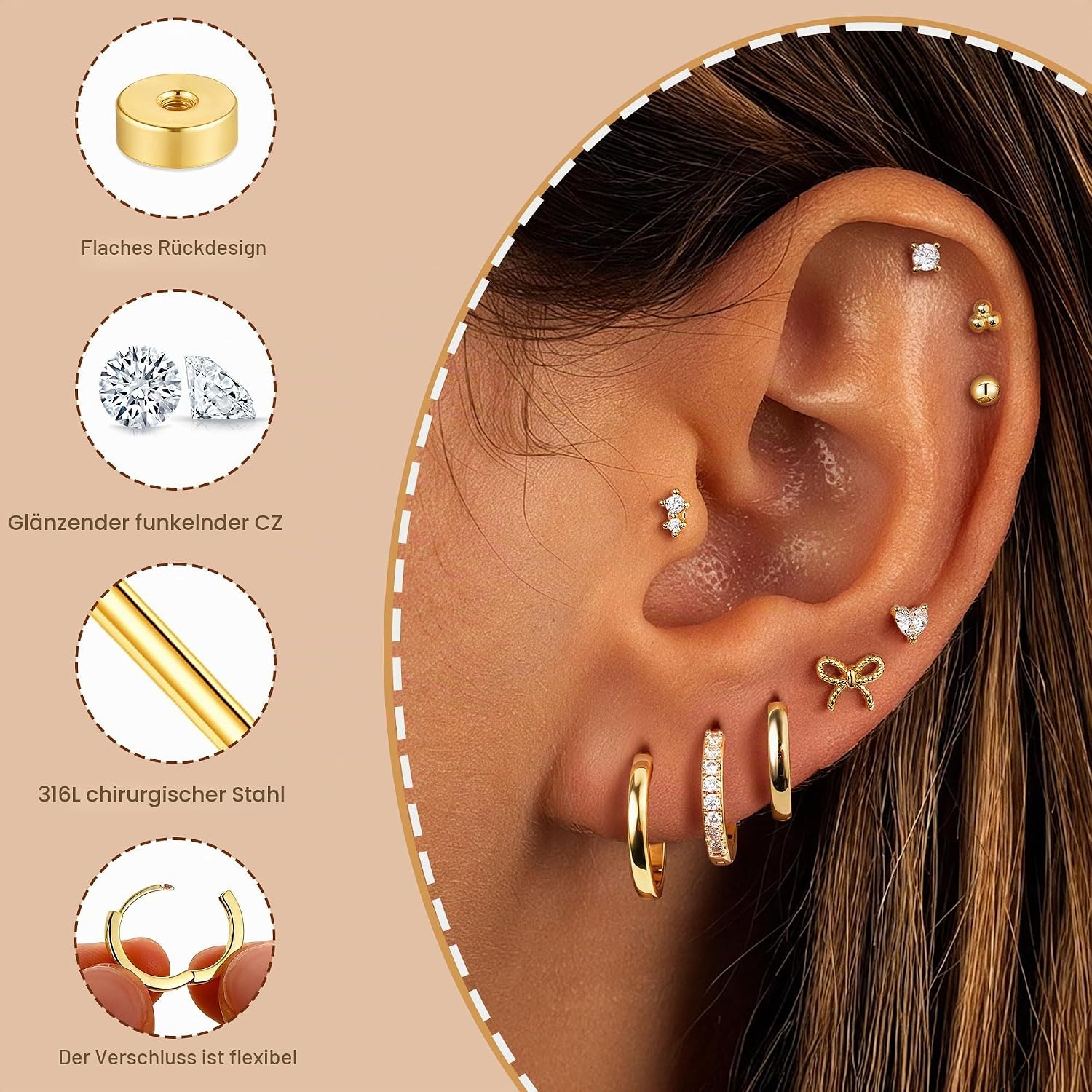 Detalle de TINGN 14 Karat Vergoldete Ohrschmuck-Set aus Chirurgenstahl – 6 Paar Flache Steckern & 3 Paar Creolen