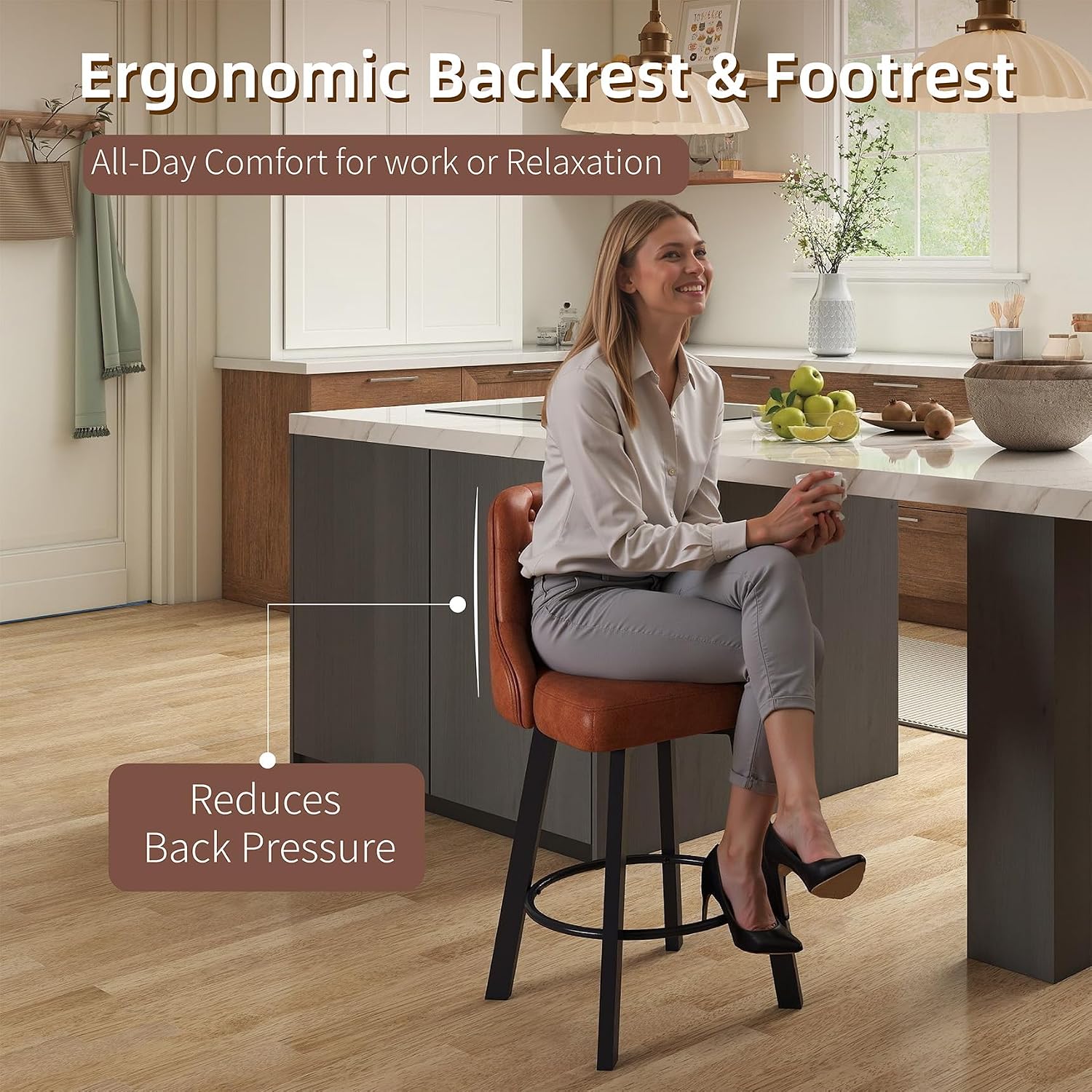Detalle de Youhauchair YC-8051CBR1PC Bar Stool, Brown PU Leather, 360° Swivel