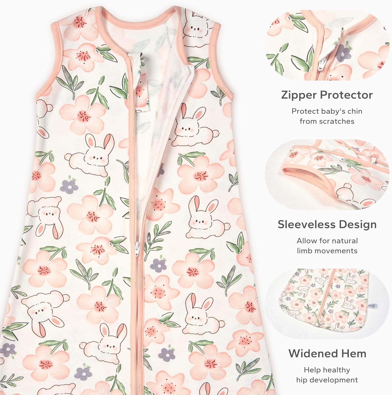 Thumbnail 2 de ZIGJOY Baby Sleeping Bag 0.5 Tog (100% Cotton) Summer Newborn Sleep Sack, Pink & Bunny Flower