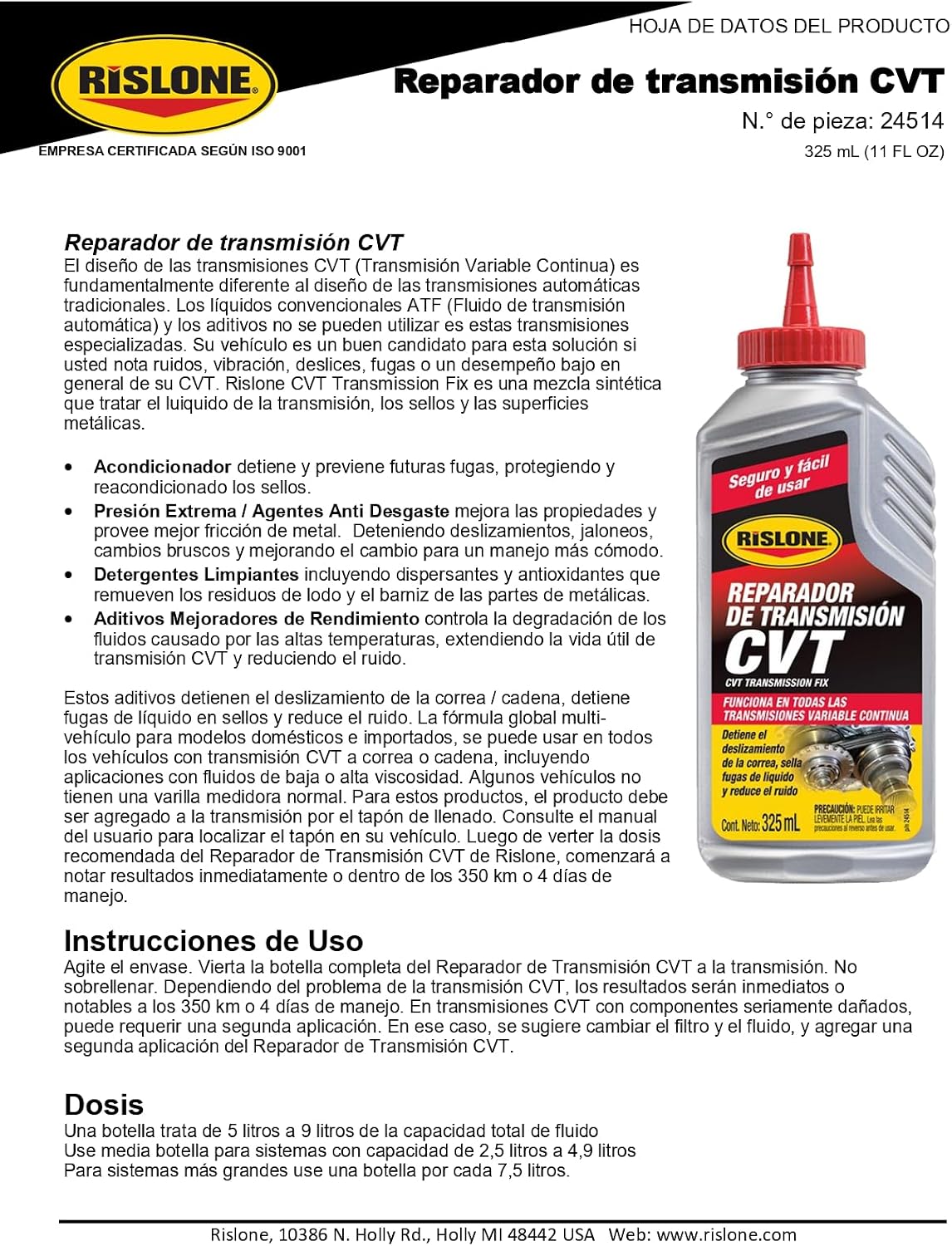Detalle 2 de RISLONE CVT Transmission Fix additive for judder, noise and belt slip