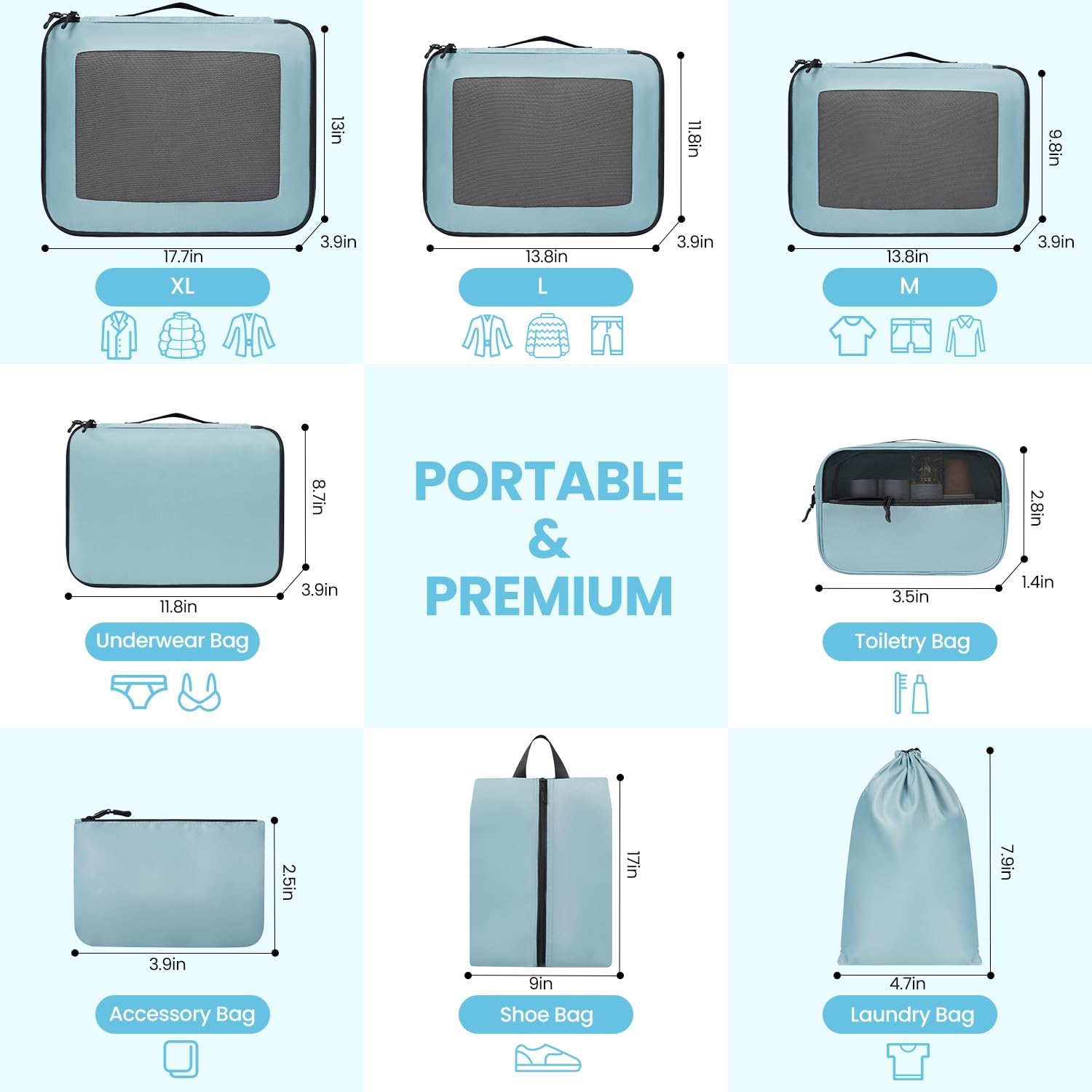 Detalle 2 de Prezon Packing Cubes for Suitcase 8 Set (Teal) – lightweight luggage organisers for travel