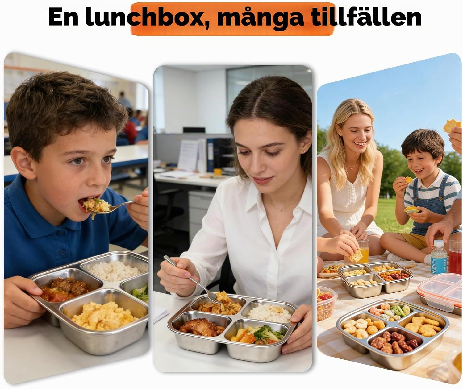 Thumbnail 6 de Ouxayapl snackslådor i rostfritt stål, 2-pack, 600 ml med fyra fack
