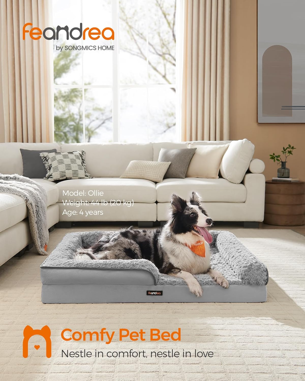 Detalle de Feandrea Orthopedic Dog Bed for Large Dogs with Memory/Orthopaedic Support and Removable Washable Cover (106 x 81 x 18 cm, Dove Grey)
