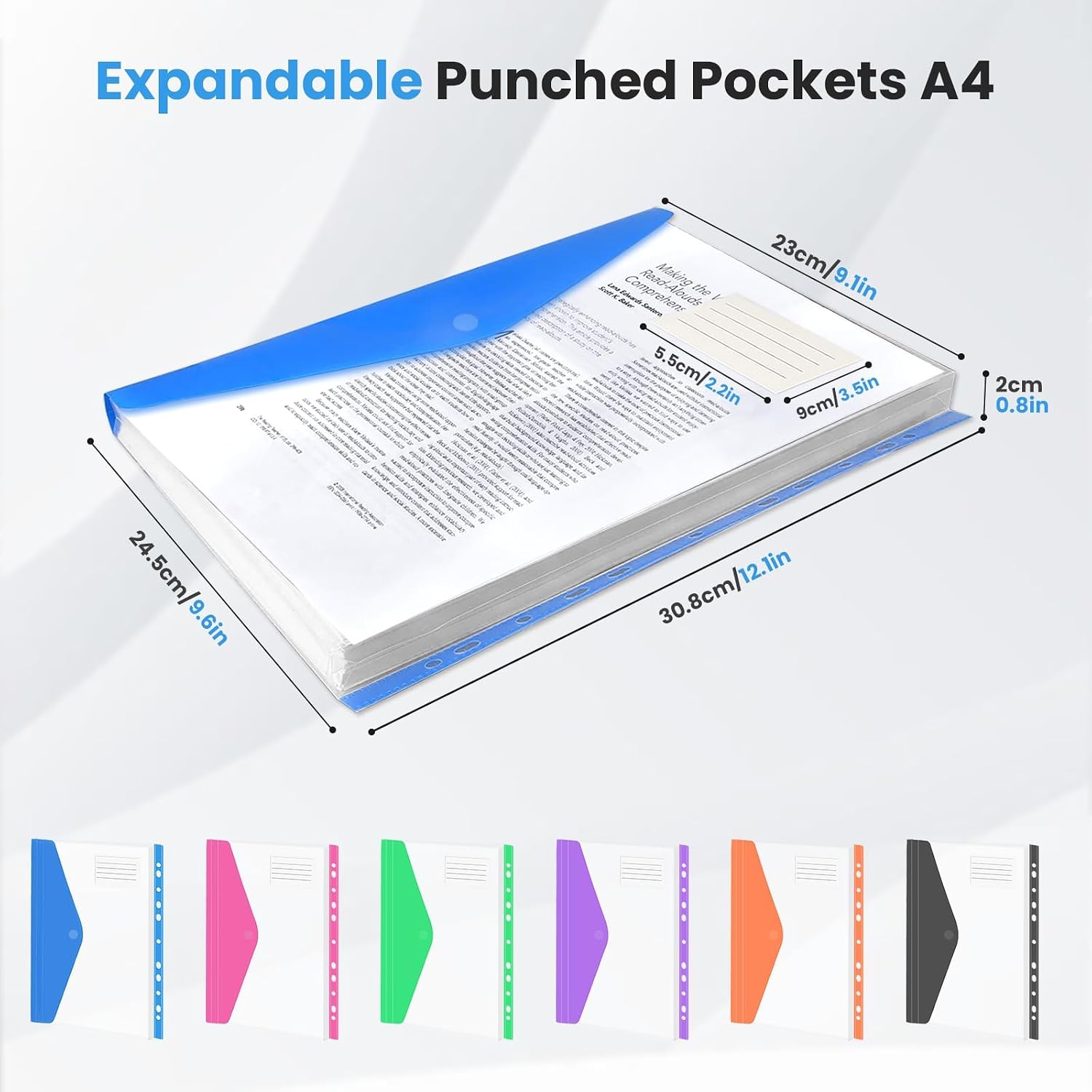 Thumbnail 1 de Surcotto A4 Punched Plastic Wallets – 24-Pack Expandable Pockets with Velcro and Label, 11-Hole Binder Compatible