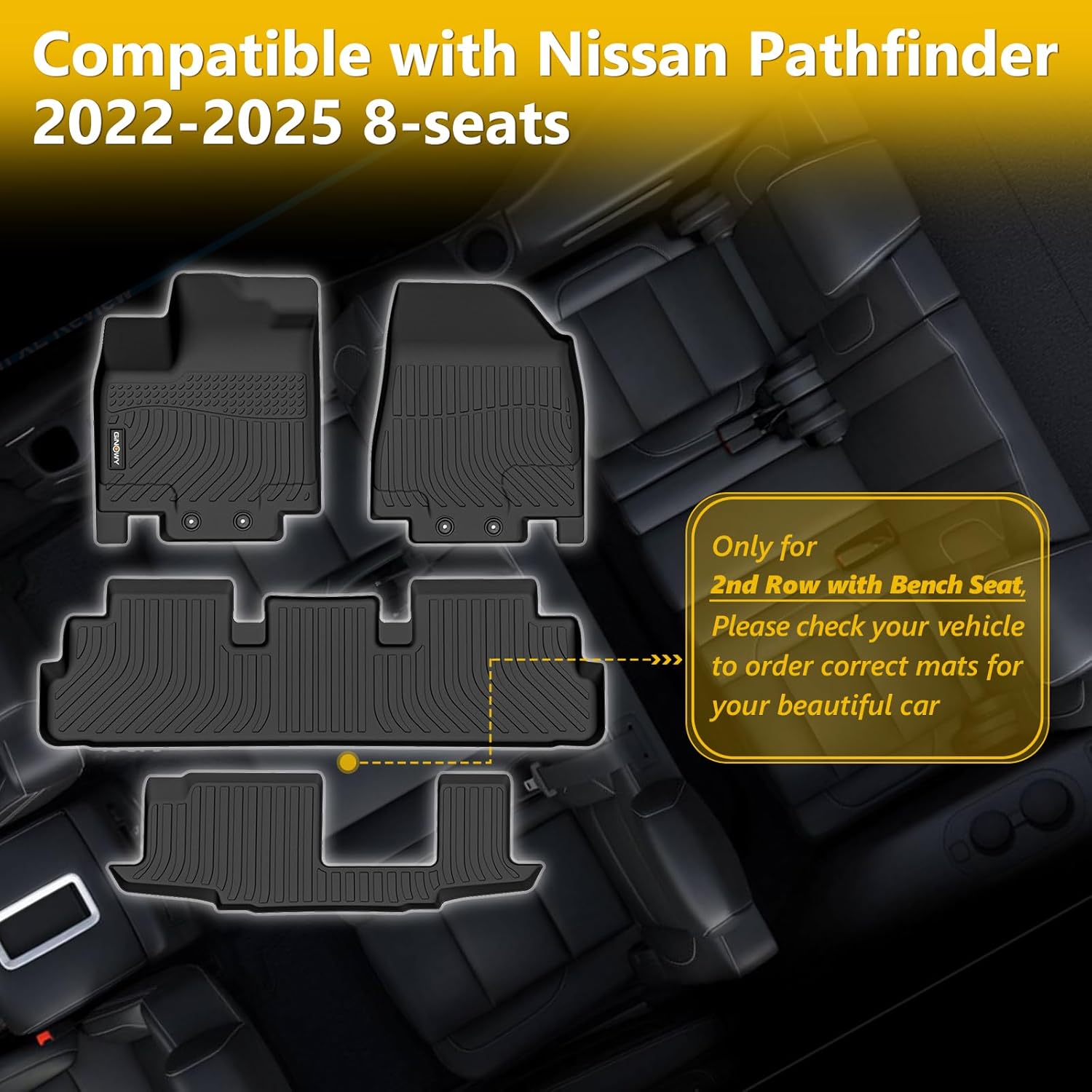 Thumbnail 4 de GINOWY All-Weather Floor Mats for Nissan Pathfinder (8-Passenger, 2022–2026) & Infiniti QX60 (7-Passenger) – 1:1 Custom Fit, Black