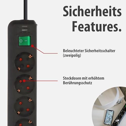 Detalle de Brennenstuhl Eco-Line 6-fach Steckdosenleiste mit 3 m Kabel und beleuchtetem Schalter