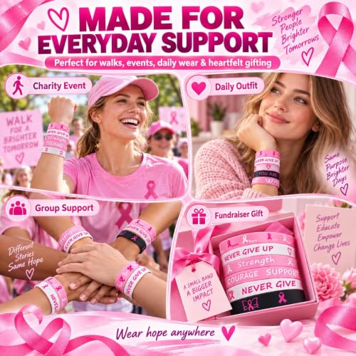 Detalle 2 de OMFJAT Lot de 24 bracelets Octobre Rose en silicone, 6 modèles